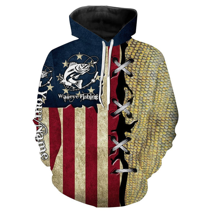 frenzidea Walleye Fishing American Flag Custome Name 3D Hoodie