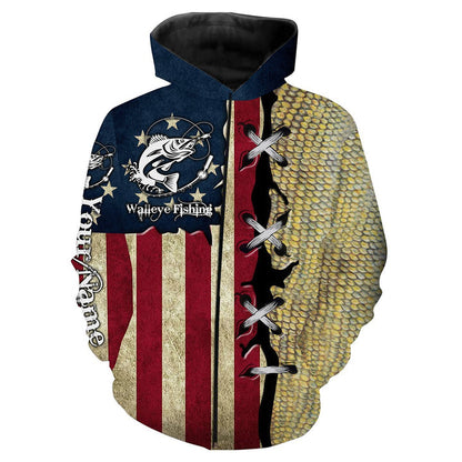 frenzidea Walleye Fishing American Flag Custome Name 3D Hoodie