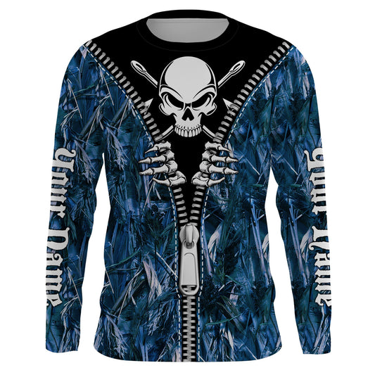 Frenzidea Halloween Fish Reaper Fishing Zipper Blue Camouflage Shirt Customize Name Long Sleeve Fishing Shirts