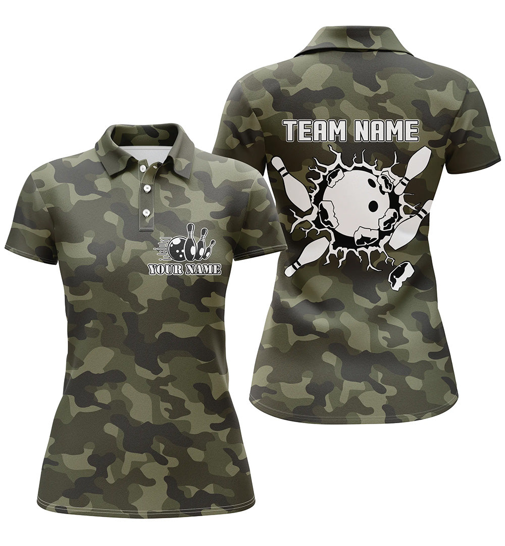 Frenzidea Bowling Ball And Pins Green Camo Premium Customized Name 3D Shirt For Women
