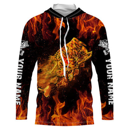 Frenzidea Halloween Largemouth Bass Skull On Fire Custom Long Sleeve Fishing Shirts