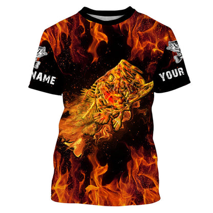 Frenzidea Halloween Largemouth Bass Skull On Fire Custom Long Sleeve Fishing Shirts