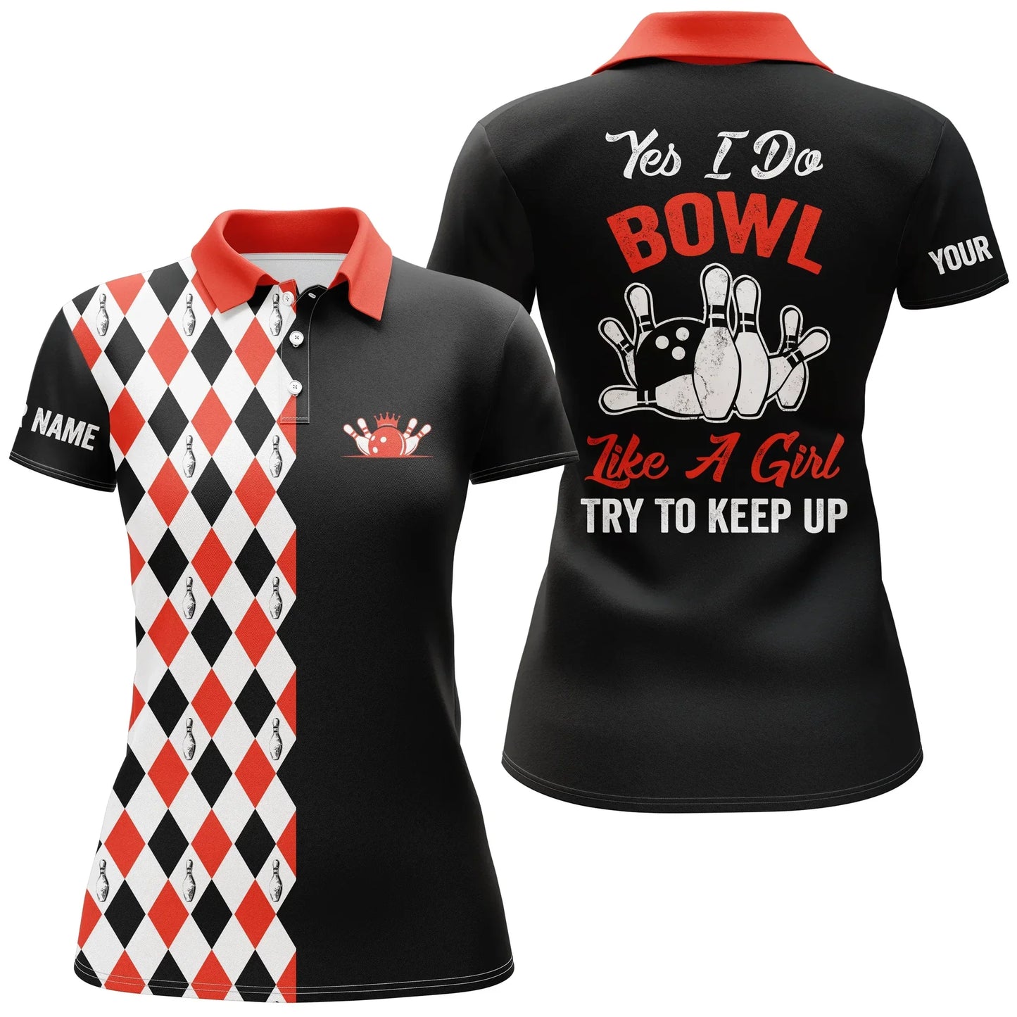 Frenzidea Black Red Bowling Yes I Do Bowl Like A Girl, Try To Keep Up Premium Customized Name 3D Shirt For Women