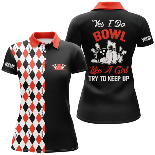 Frenzidea Black Red Bowling Yes I Do Bowl Like A Girl, Try To Keep Up Premium Customized Name 3D Shirt For Women