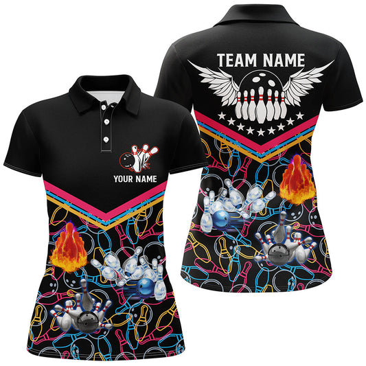 Frenzideas Multicolor Pattern Black Bowling Customized Name All Over Printed Shirt For Women
