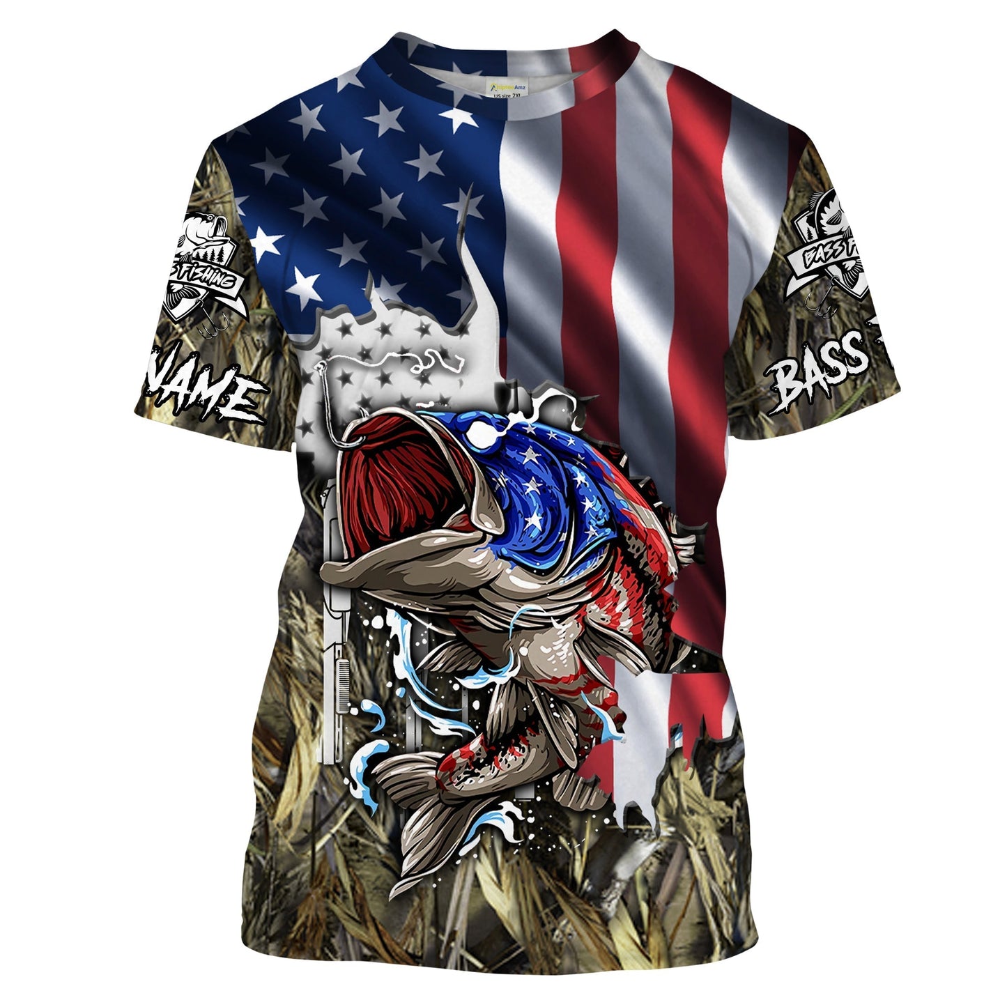Frenzidea American Flag Patriotic Largemouth Bass Camo Fishing Custom Name 3D Shirts