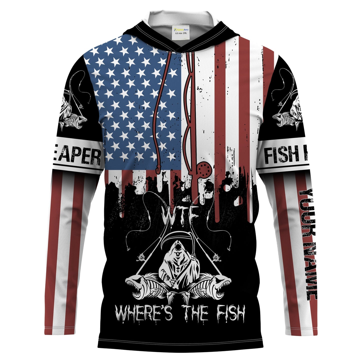 Frenzidea Halloween Fish Reaper American Flag Patriotic Wtf Where'S The Fish Long Sleeve Fishing Shirt