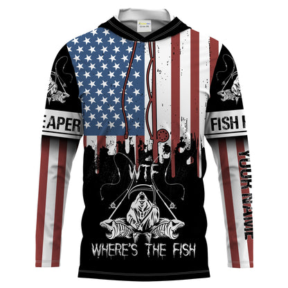 Frenzidea Halloween Fish Reaper American Flag Patriotic Wtf Where'S The Fish Long Sleeve Fishing Shirt