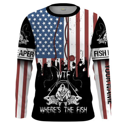 Frenzidea Halloween Fish Reaper American Flag Patriotic Wtf Where'S The Fish Long Sleeve Fishing Shirt