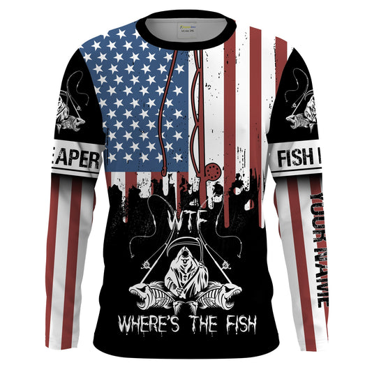 Frenzidea Halloween Fish Reaper American Flag Patriotic Wtf Where'S The Fish Long Sleeve Fishing Shirt
