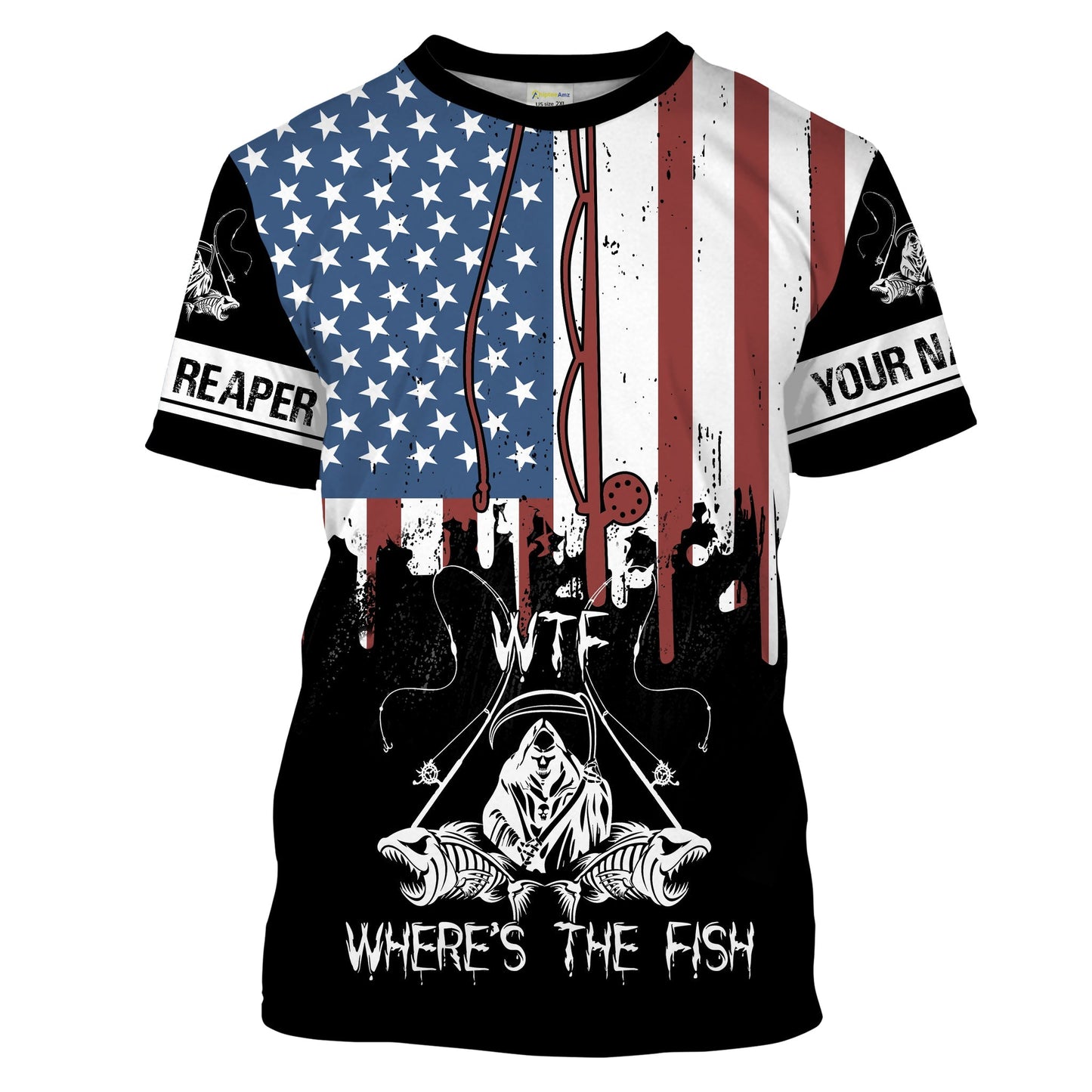 Frenzidea Halloween Fish Reaper American Flag Patriotic Wtf Where'S The Fish Long Sleeve Fishing Shirt
