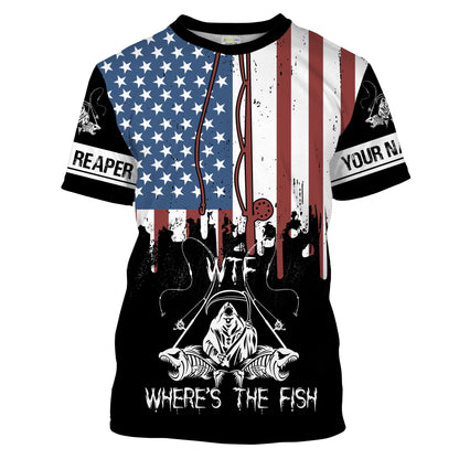 Frenzidea Halloween Fish Reaper American Flag Patriotic Wtf Where'S The Fish Long Sleeve Fishing Shirt