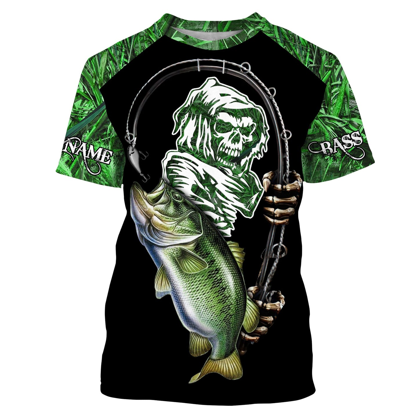 Frenzidea Halloween Custom Name Bass Fishing Tattoos Fish Reaper Camo Green Long Sleeve