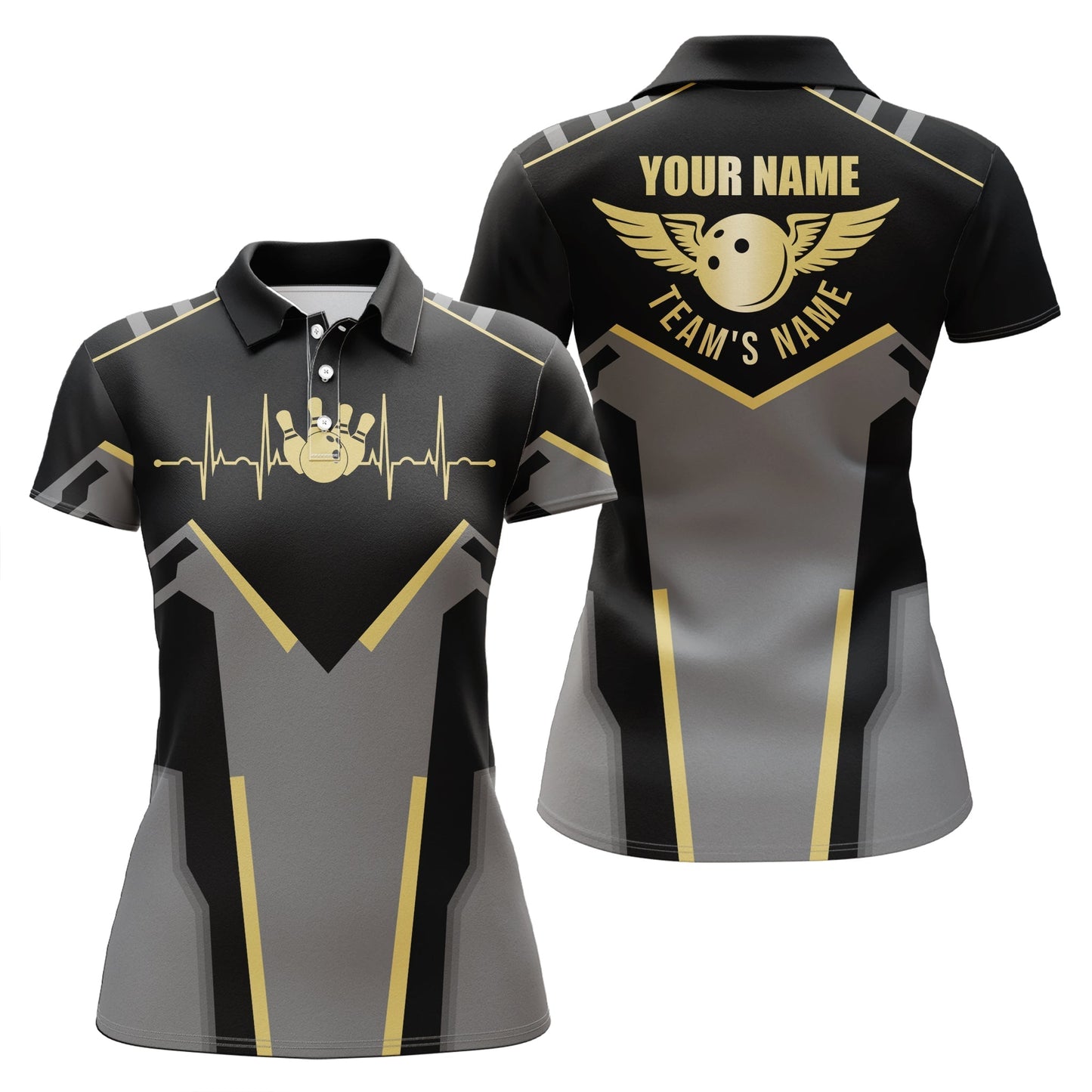 Frenzidea Black Gold Bowling Wings Premium Customized Name 3D Shirt For Women