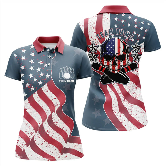 Frenzidea Vintage American Flag Patriotic Skull Bowling Premium Customized Name 3D Shirt For Women