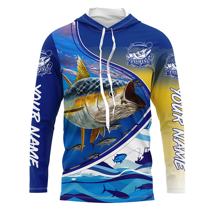 Frenzidea Personalized Tuna Fishing Scales Blue Camo Long Sleeve Fishing Shirts, Tuna Saltwater Fishing