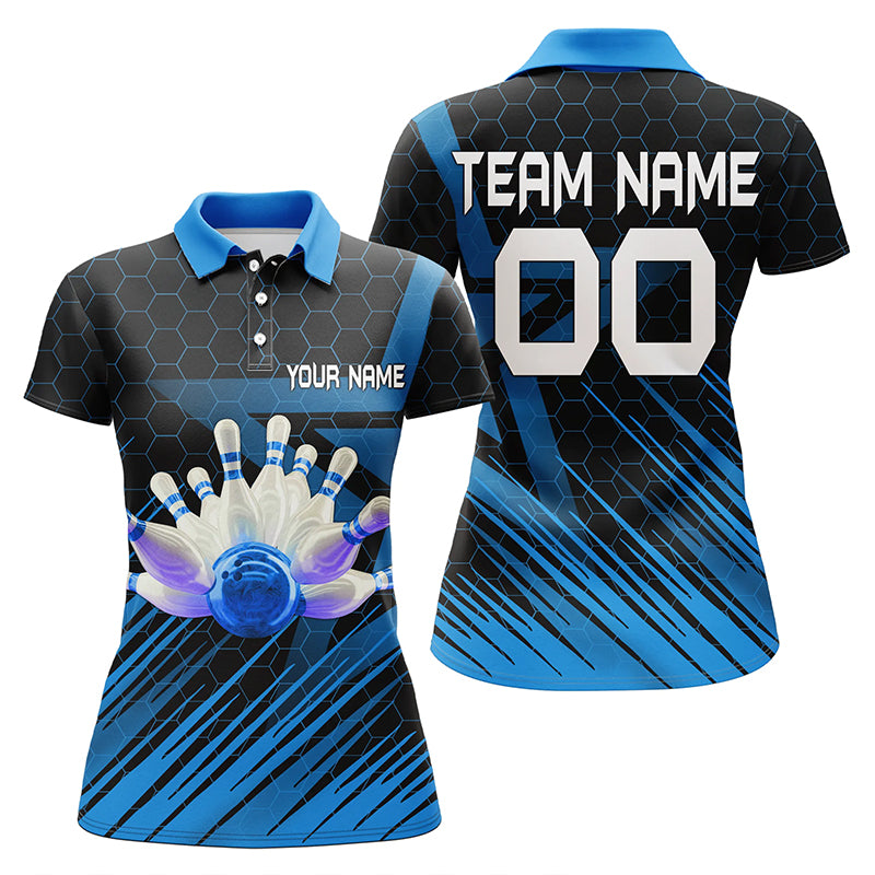 Frenzideas Blue Bowling Hexagon Pattern Classic Personalized All Over Printed Shirt For Women