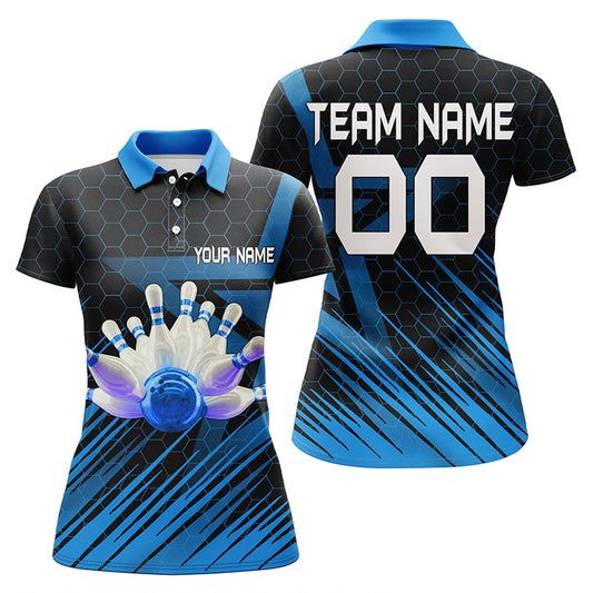 Frenzideas Blue Bowling Hexagon Pattern Classic Personalized All Over Printed Shirt For Women