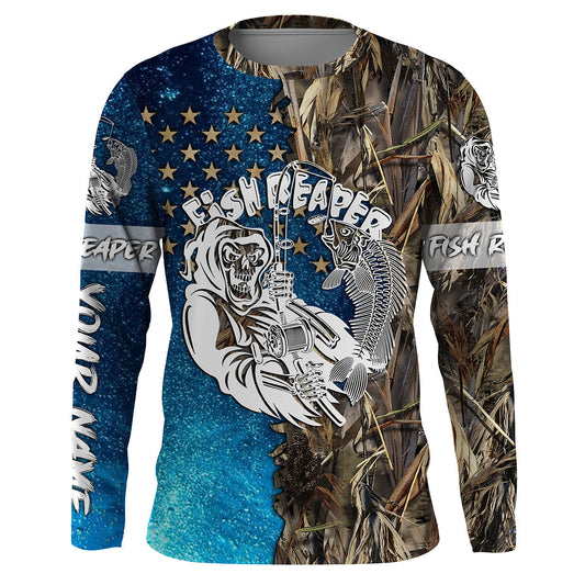 Frenzidea Halloween Fish Reaper American Custom Name Long Sleeve Fishing Shirt