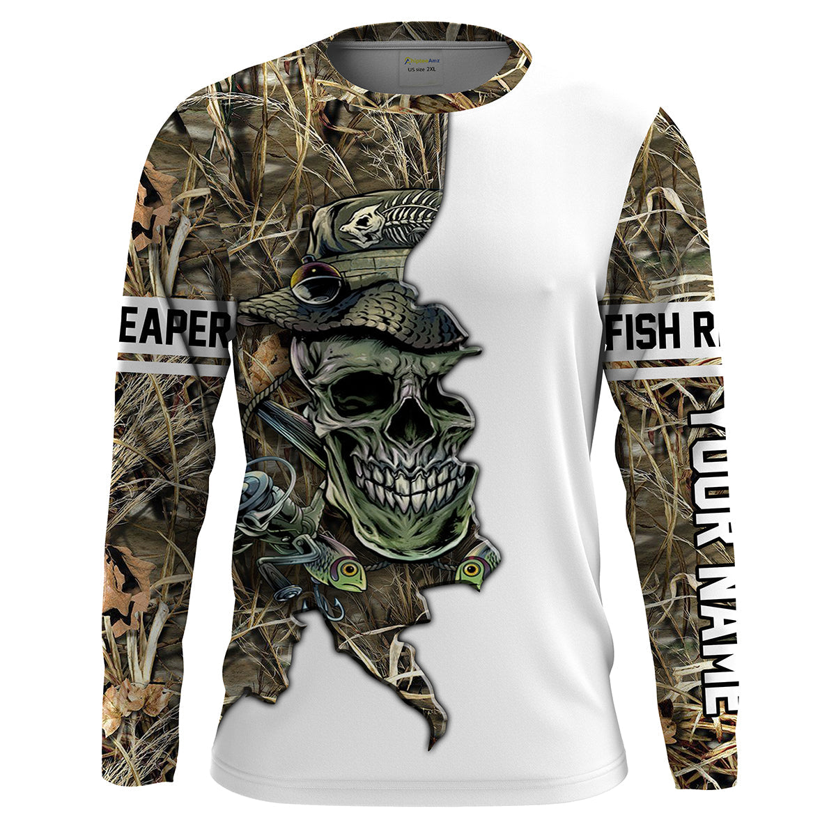 Frenzidea Halloween Fishing Fish Grim Reaper Skull Custom Name Long Sleeve Shirts