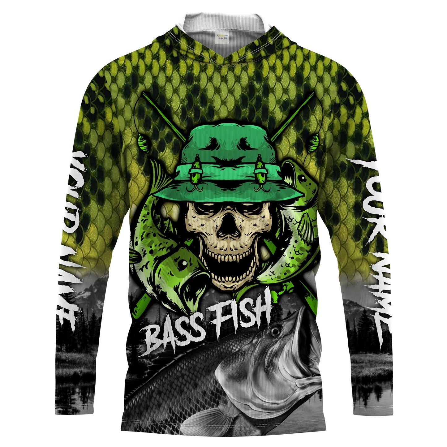 Frenzidea Halloween Largemouth Bass Fishing Skull Fish Reaper Custom Name Long Sleeve Shirt