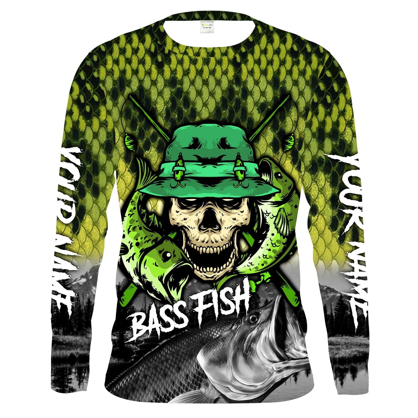 Frenzidea Halloween Largemouth Bass Fishing Skull Fish Reaper Custom Name Long Sleeve Shirt