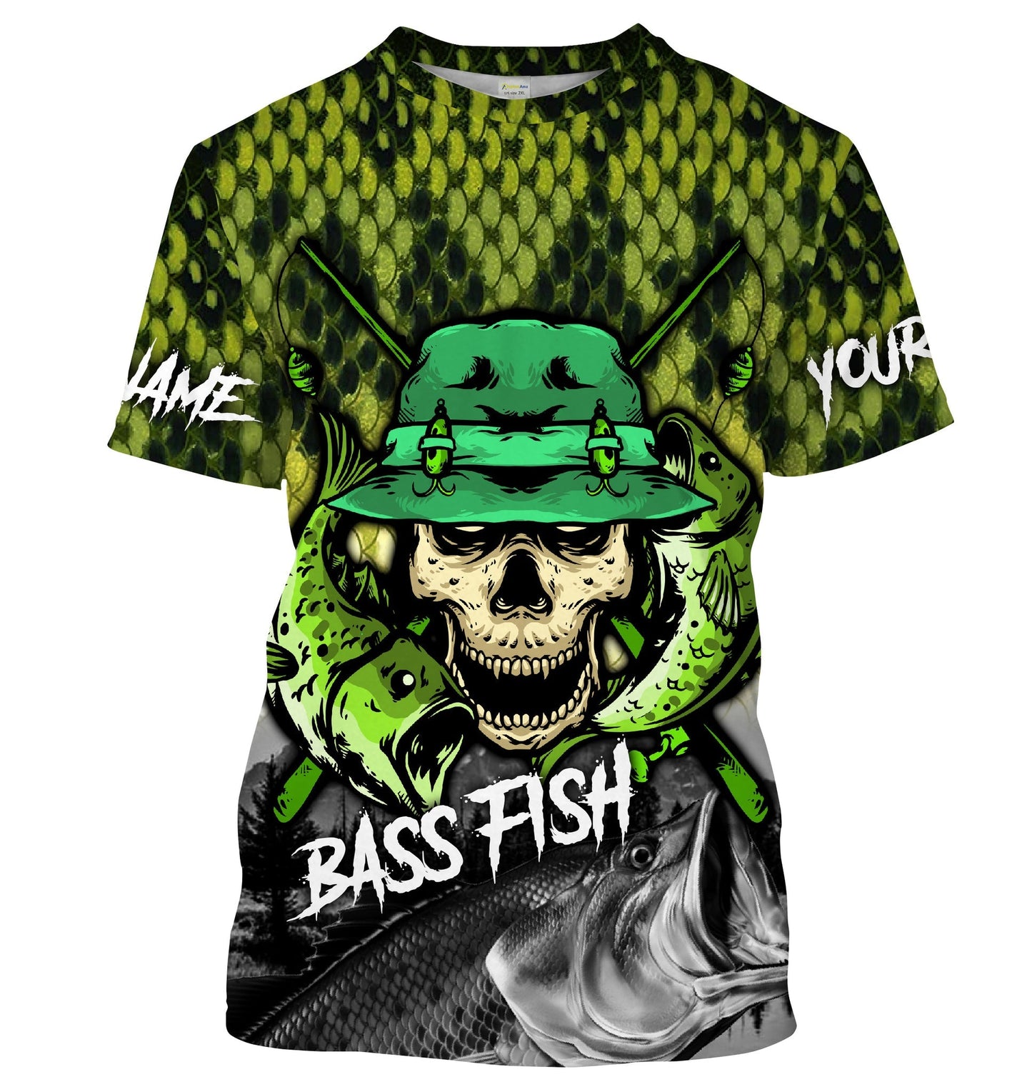 Frenzidea Halloween Largemouth Bass Fishing Skull Fish Reaper Custom Name Long Sleeve Shirt