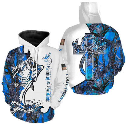 frenzidea Fishing And Hunting Deer And Bass Blue Camo 3D Hoodie
