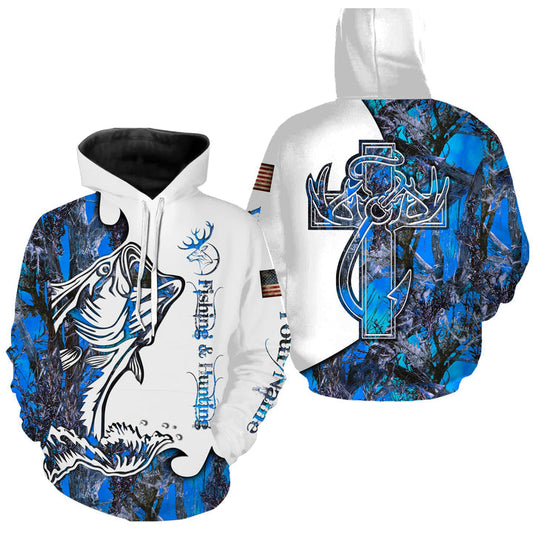 frenzidea Fishing And Hunting Deer And Bass Blue Camo 3D Hoodie