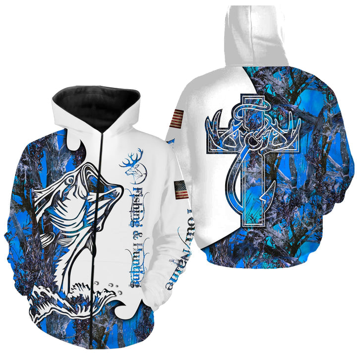 frenzidea Fishing And Hunting Deer And Bass Blue Camo 3D Hoodie