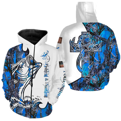 frenzidea Fishing And Hunting Deer And Bass Blue Camo 3D Hoodie