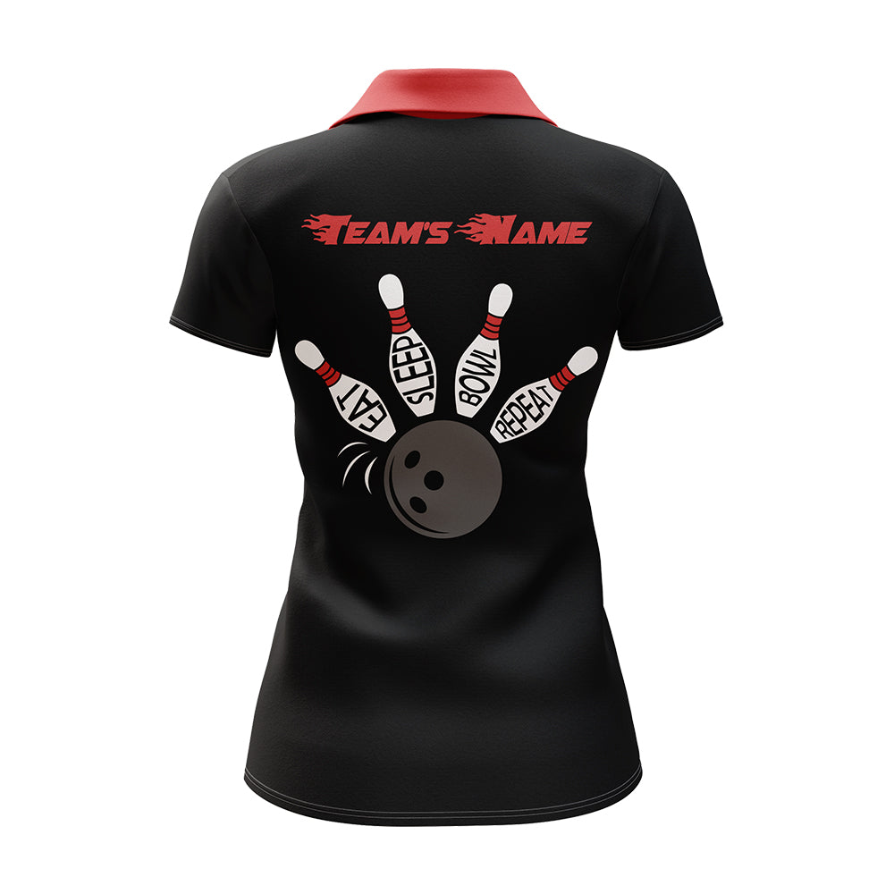 Frenzidea Vintage Red & Black Bowling Eat Sleep Bowl Repeat Customized Name 3D Shirt For Women