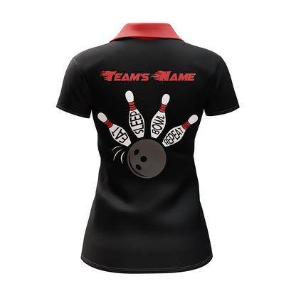 Frenzidea Vintage Red & Black Bowling Eat Sleep Bowl Repeat Customized Name 3D Shirt For Women