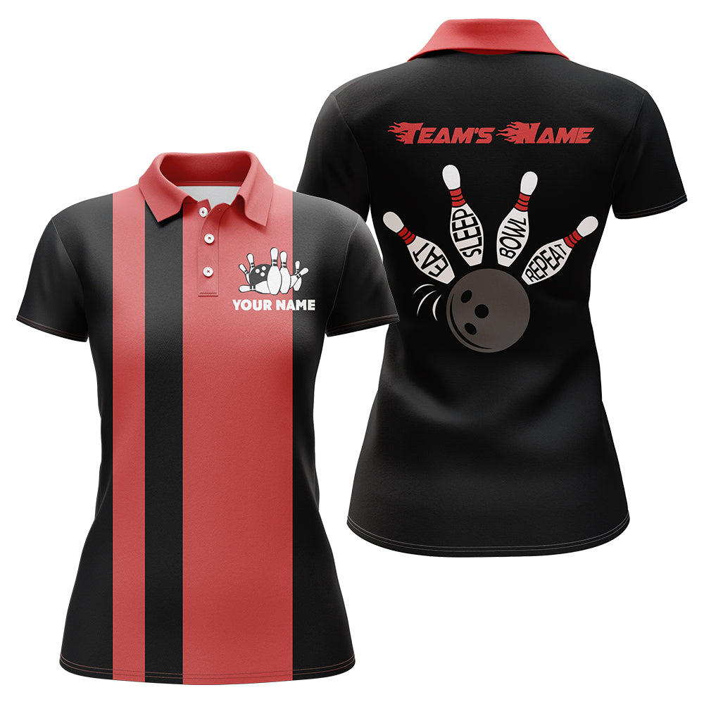 Frenzidea Vintage Red & Black Bowling Eat Sleep Bowl Repeat Customized Name 3D Shirt For Women