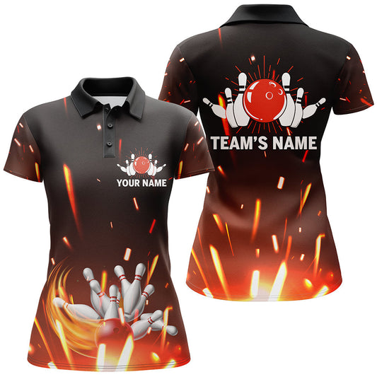 Frenzideas Flame Bowling Ball And Pins Customized Name All Over Printed Shirt For Women