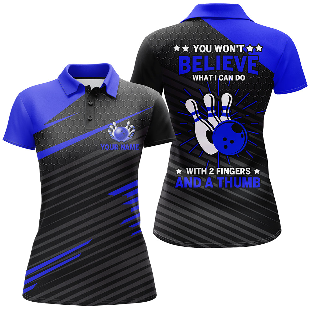 Frenzidea Ladies Blue & Black Bowling With 2 Fingers and A Thumb Premium Customized Name 3D Shirt For Women
