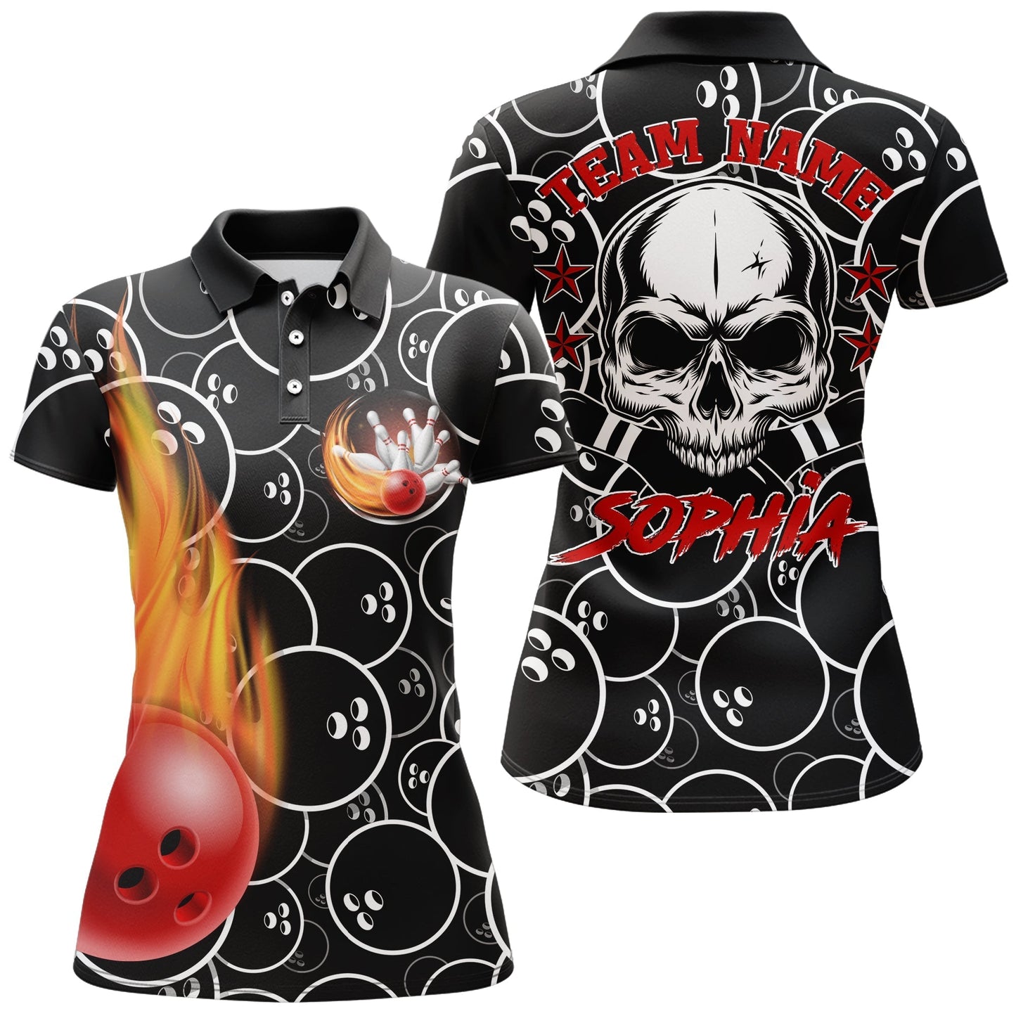 Frenzideas Cool Skull Pins Black Bowling Personalized All Over Printed Shirt For Women