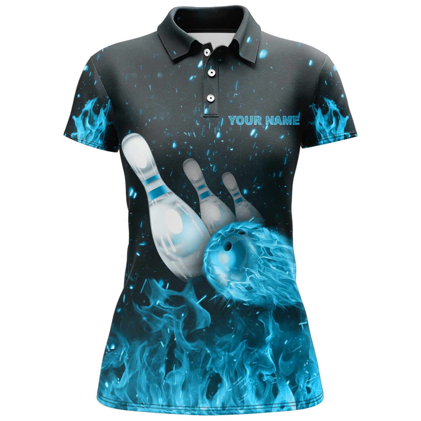 Frenzideas Strike Bowling Cyan Flames Personalized All Over Printed Shirt For Women