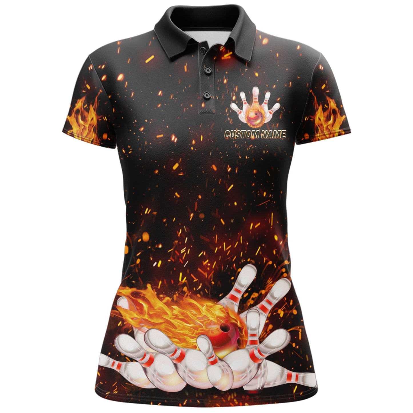 Frenzideas Black Bowling Flame Personalized All Over Printed Shirt For Women
