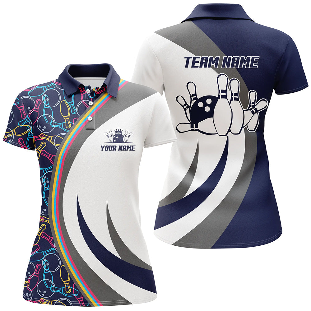 Frenzidea Dark Blue Bowling Seamless Pattern Customized Name 3D Shirt For Women