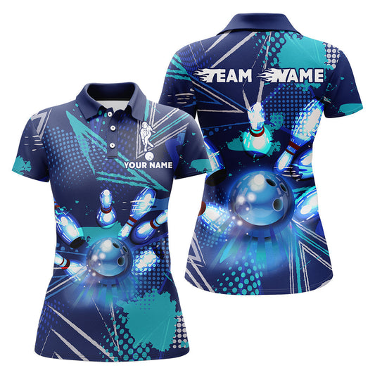 Frenzideas Blue Bowling Personalized All Over Printed Shirt For Women