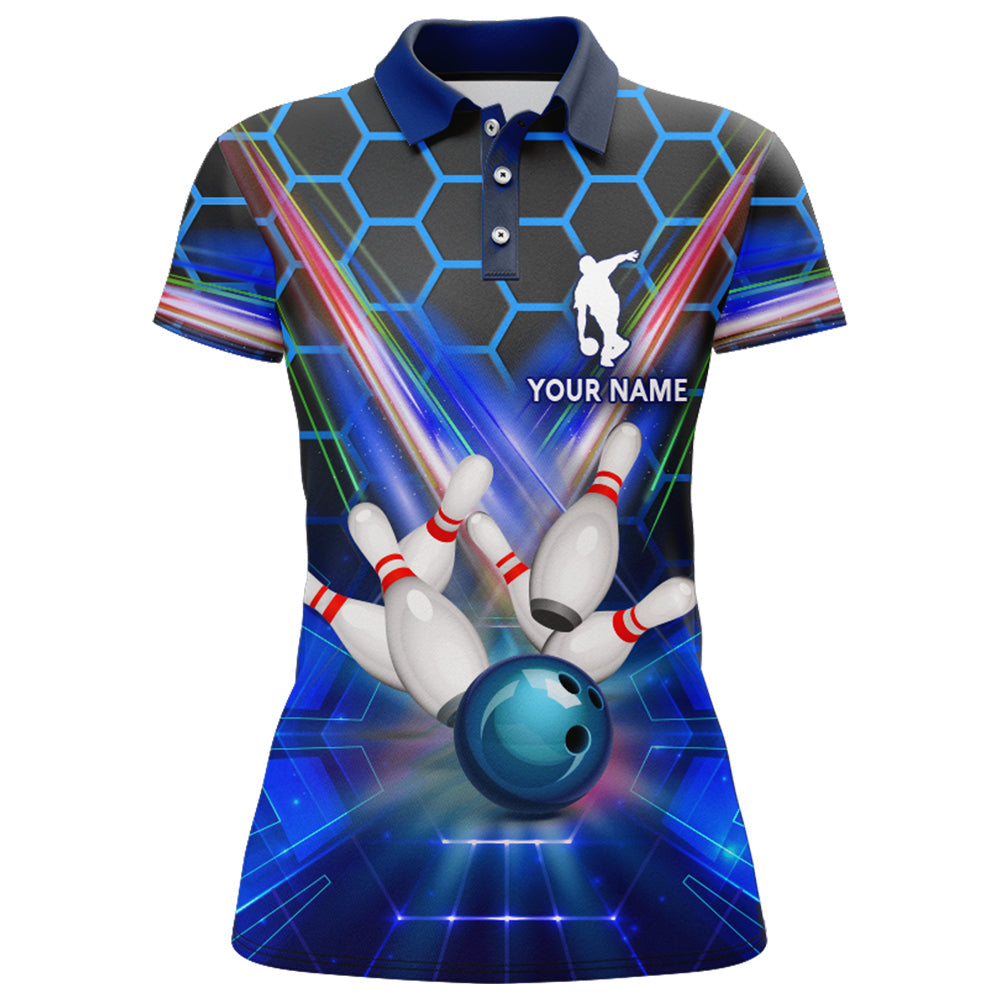 Frenzideas Light Blue Hexagon Bowling Pattern Personalized All Over Printed Shirt For Women