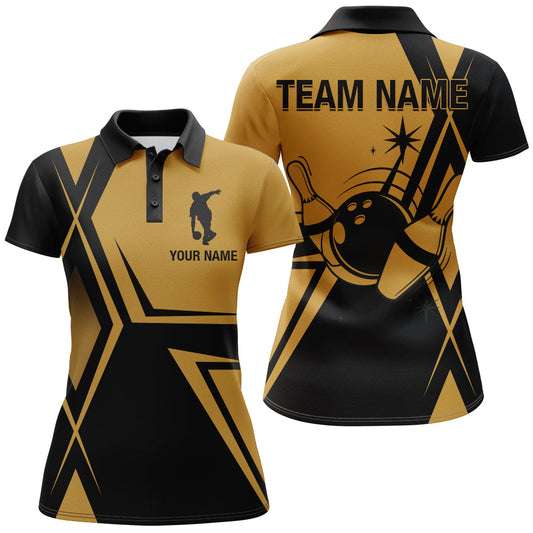 Frenzideas Black & Gold Bowling Vintage Premium Customized Name 3D Shirt For Women