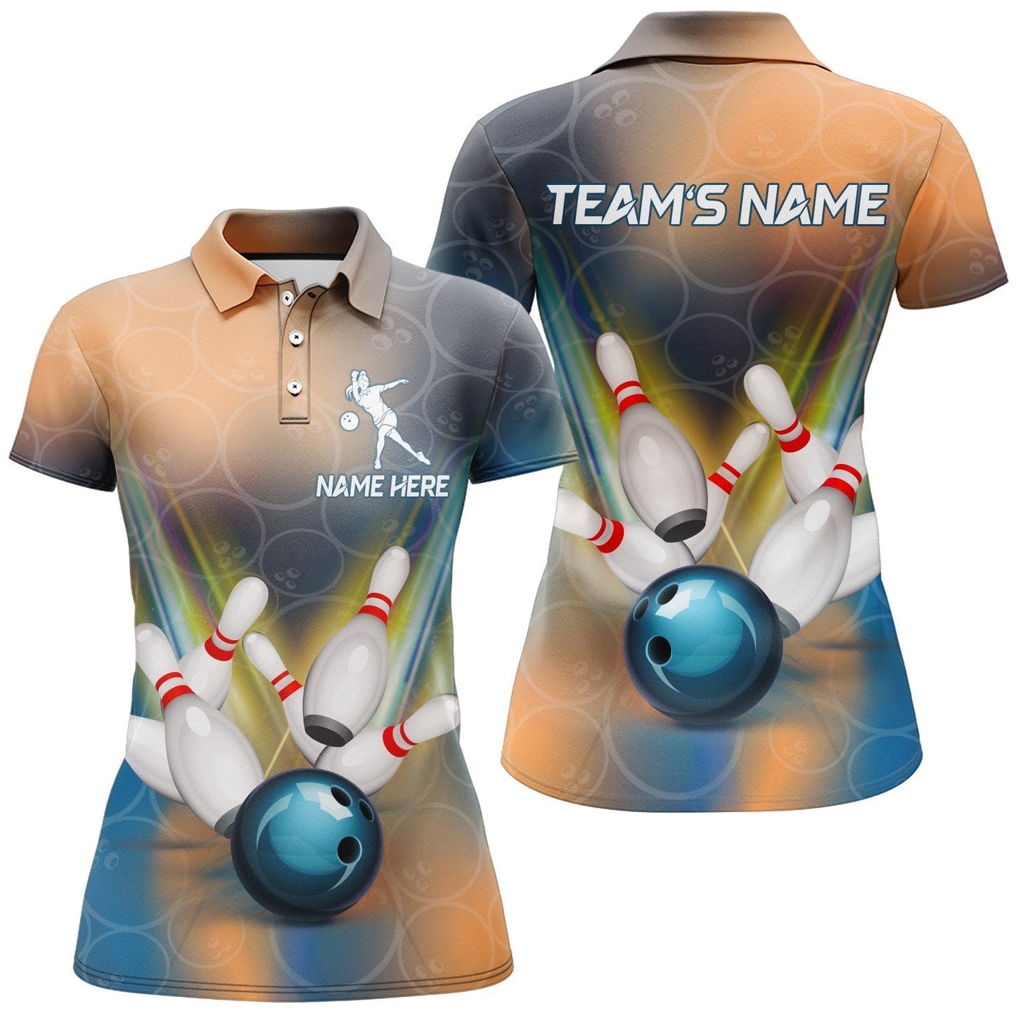 Frenzidea Bowling Blue Ball Multicolor Pattern Premium Customized Name 3D Shirt For Women