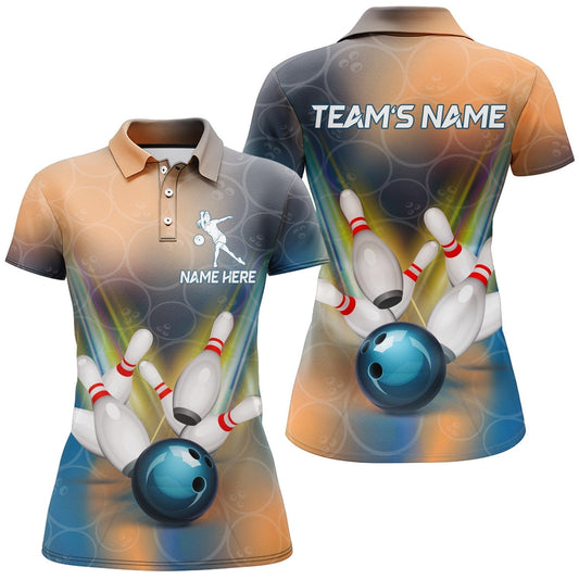 Frenzidea Bowling Blue Ball Multicolor Pattern Premium Customized Name 3D Shirt For Women