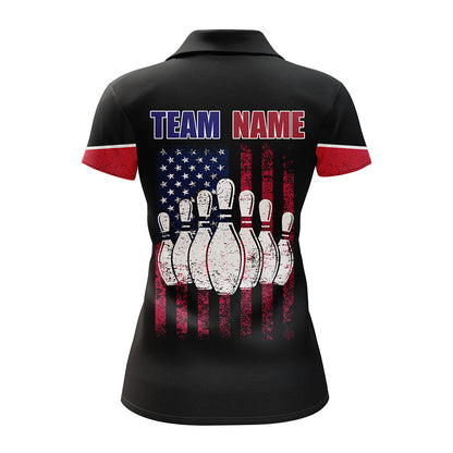 Frenzideas Bowling Black American Flag Customized Name All Over Printed Shirt For Women