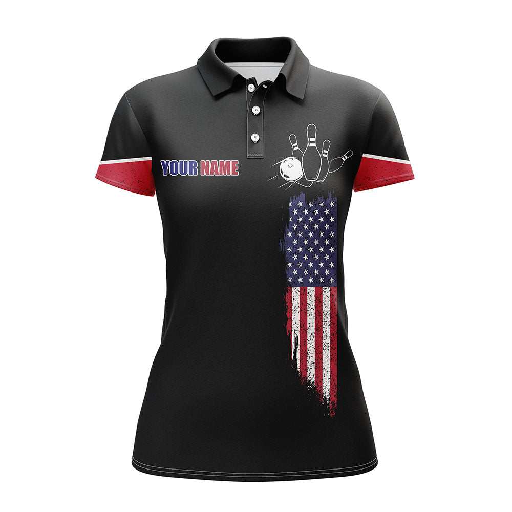 Frenzideas Bowling Black American Flag Customized Name All Over Printed Shirt For Women
