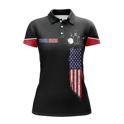 Frenzideas Bowling Black American Flag Customized Name All Over Printed Shirt For Women