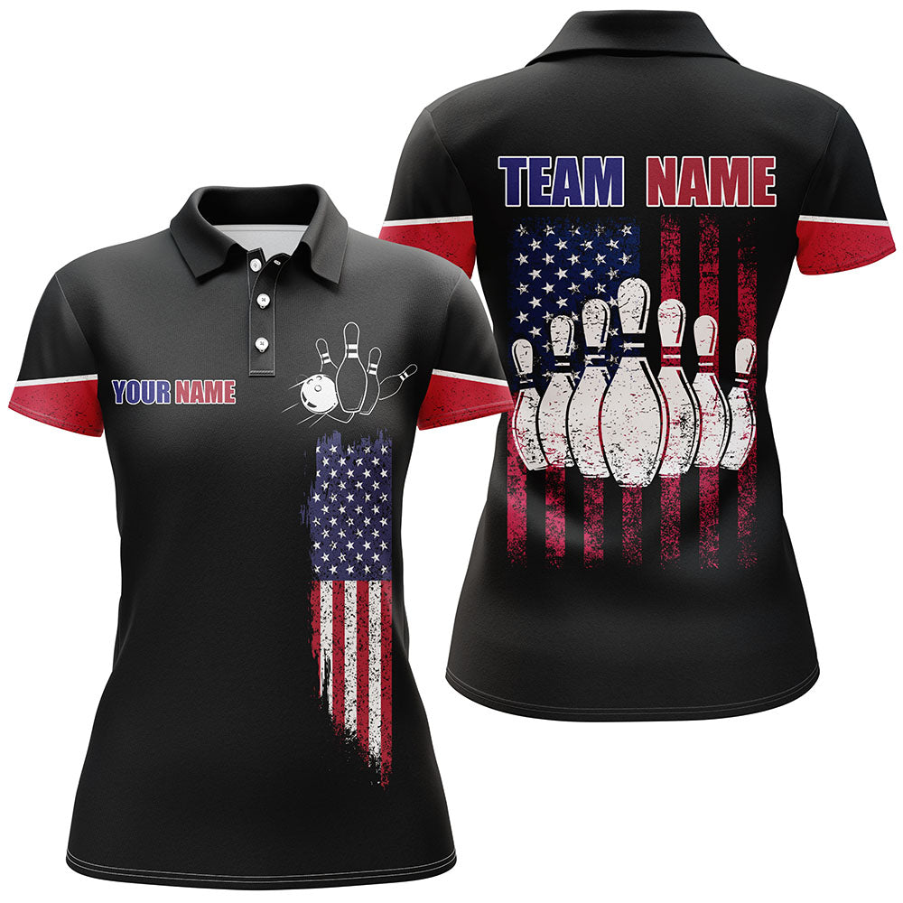 Frenzideas Bowling Black American Flag Customized Name All Over Printed Shirt For Women