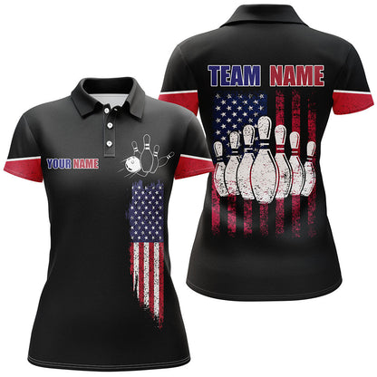 Frenzideas Bowling Black American Flag Customized Name All Over Printed Shirt For Women